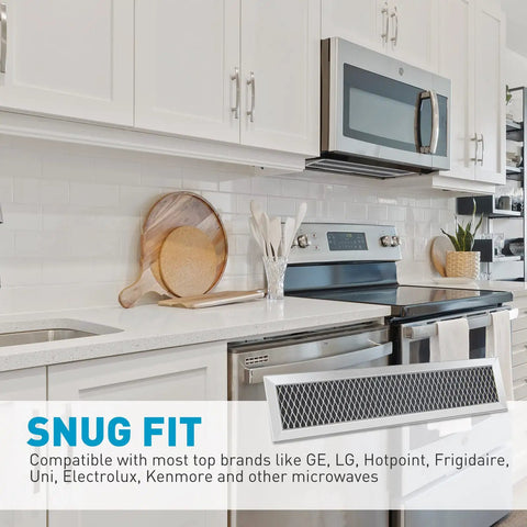 Kitchen scene showing microwave with a charcoal filter, focus keyword: Microwave Charcoal Filter Replacement For GE JX81L Frigidaire FRPAMRAF Gallery 5304464577 Bosch 2-1/4 In X 10-3/8 In X 3/8 In 2 Pack No-Fuss Install Odor Reduction And Fresh Air.