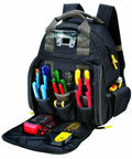 L255 Tech Gear Lighted Backpack With 53 Pockets Built In LED Light With Three Brightness Settings Rugged Tool Carrier For Builders And DIY Pros Easy Tool Organization Black, open with tools displayed in front pockets.