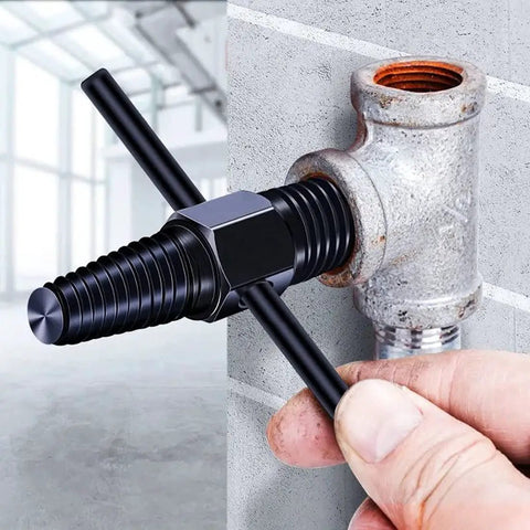 Dual Use Screw Extractor For Water Pipes And Faucets Easy Out Broken Bolt Remover used on metal pipe, close-up view