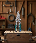 Premium 2Pcs Foldable Wire Stripper Set With Built-In Voltage Tester, 13-in-1 Electrician Pliers standing on a wooden box in a workshop.