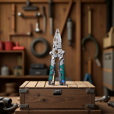 Premium 2Pcs Foldable Wire Stripper Set With Built-In Voltage Tester, 13-in-1 Electrician Pliers standing on a wooden box in a workshop.
