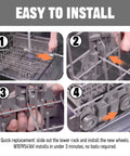 Easy installation of No Sweat Lower Dishwasher Rack Wheels Compatible With KitchenAid W10195416 W10195416V, showing steps for quick replacement.
