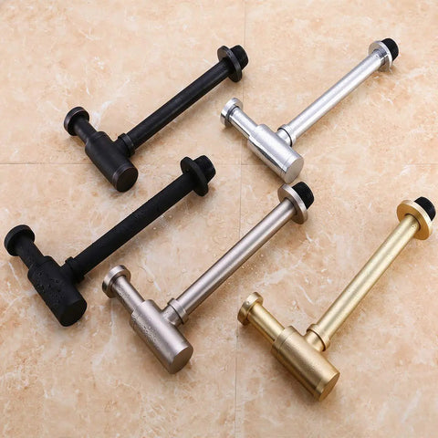 Contemporary Round Bottle P Trap Kit For Basin Sink One And A Quarter Inch Matte Black Brass Finish Durable Waste Drain With Easy Install And North America Standard Fit displayed among other finishes on a tiled background.
