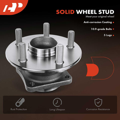 Rear Wheel Bearing And Hub Assembly For Toyota Corolla 2003 To 2008 Matrix Celica 2000 To 2005 And Pontiac Vibe Five Lug Front Wheel Drive Non ABS Replacement Quick Fit with anti-corrosion coating and five lugs viewed from top front