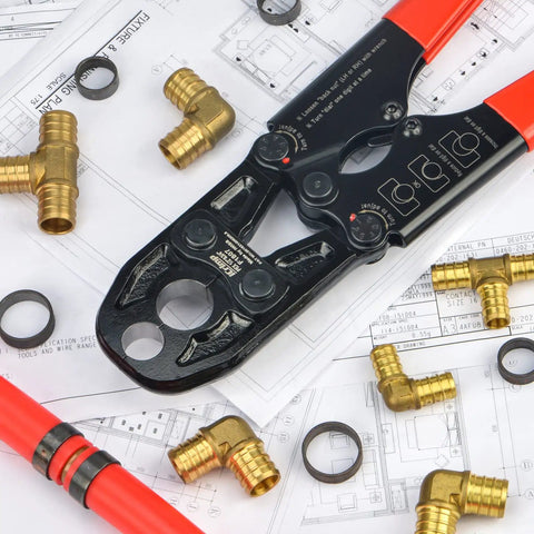 Half-Inch And Three-Quarter-Inch PEX Pipe Crimping Tool With Copper Ring Gauge on blueprints with fittings