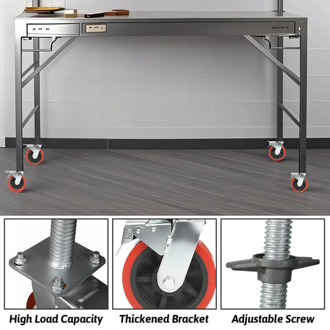 4 Pack 6 Inch Leveling Scaffolding Wheels With 360 Degree Rotating Casters And Dual Locks on workbench, adjustable height feature