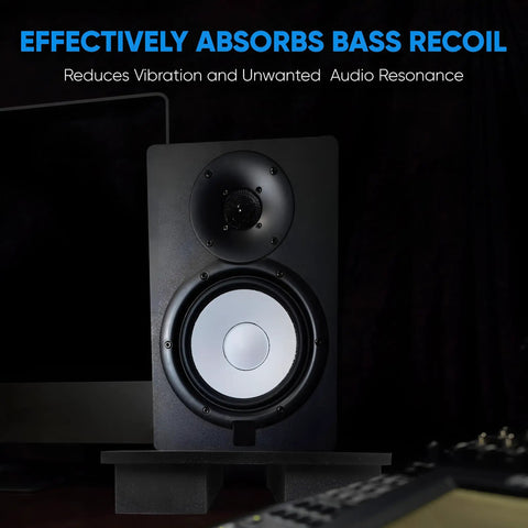 Sound Dampening Speaker Riser Foam Platform Pro Grade for Studio Monitors displayed on black foam platform