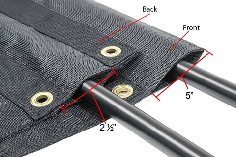 Close-up of 7 Foot By 16 Foot Heavy Duty Vinyl Coated Mesh Dump Truck Tarp Cover with 5-inch pockets and brass grommets.