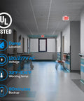 Damp location hallway with LED Emergency Exit Light With Battery Backup, Double Face Red Letters, UL 924 Listed, Hardwired 120/277V.