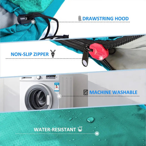 Close-up of Three Season Camping Sleeping Bag For Adults And Kids Lightweight Weatherproof And Waterproof showing drawstring hood, non-slip zipper, water-resistant fabric, and machine washable feature.