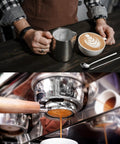 Professional 13 Piece Espresso Kit Featuring 51 Mm Tamper And Wdt Tool For Badass Shots Includes Steel Frothing Pitcher Sandalwood Base Brew Mat And Full Latte Art Accessory Set, espresso being poured into cup.