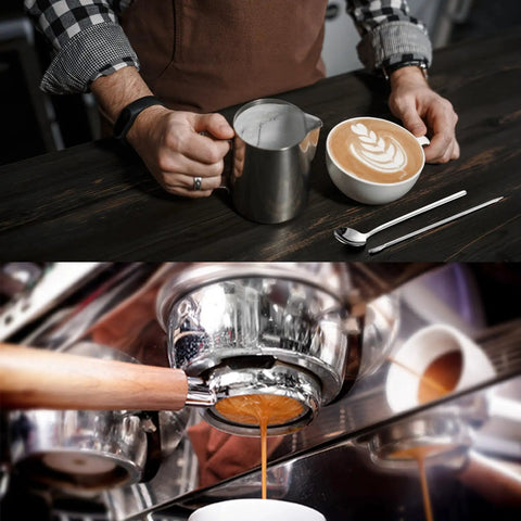 Professional 13 Piece Espresso Kit Featuring 51 Mm Tamper And Wdt Tool For Badass Shots Includes Steel Frothing Pitcher Sandalwood Base Brew Mat And Full Latte Art Accessory Set, espresso being poured into cup.