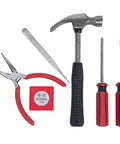 Six-Piece Go-To Home And Office Tool Kit With Hammer, Screwdrivers, Pliers for DIY Projects and Repairs, shown on white background.