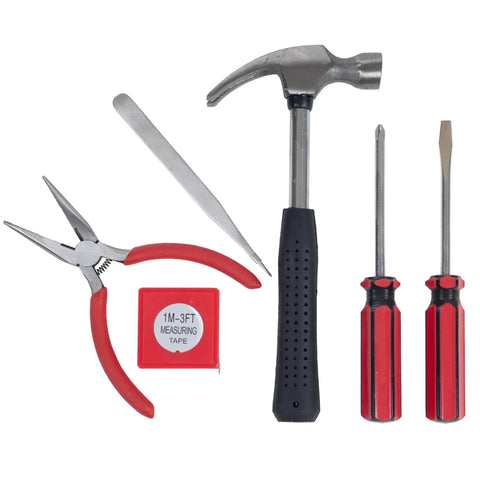 Six-Piece Go-To Home And Office Tool Kit With Hammer, Screwdrivers, Pliers for DIY Projects and Repairs, shown on white background.