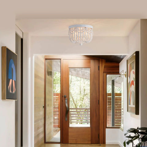Four Light Boho Wood Beaded Ceiling Light Fixture, Rustic Flush Mount Chandelier in foyer, 12.6 inch, white maple beads
