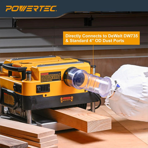 Four Inch ID OD Ninety Degree Elbow And Dust Collector Bag Kit With Thirty Micron Filter And Key Hose Clamp Built For Woodworking Machinery connected to DeWalt DW735.