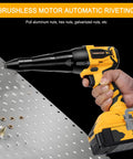 Tronyan Cordless Rivet Gun With Brushless Motor Pulls 2000 Lbs Force For 1/8 5 32 3 16 Inch Rivets Compatible With Dewalt 20v Max Battery Bare Tool attached to aluminum sheet.