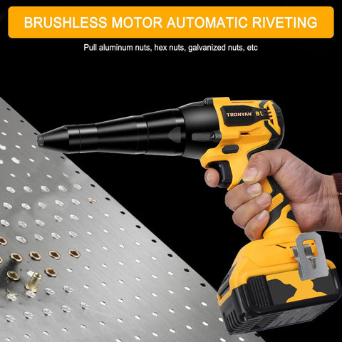 Tronyan Cordless Rivet Gun With Brushless Motor Pulls 2000 Lbs Force For 1/8 5 32 3 16 Inch Rivets Compatible With Dewalt 20v Max Battery Bare Tool attached to aluminum sheet.