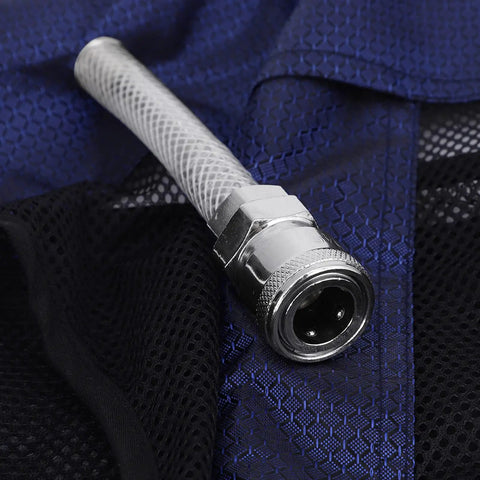 Detail of Adult Sleeveless Cooling Vest With Compressed Air Powered Vortex Tube Tech, featuring air hose and mesh fabric.