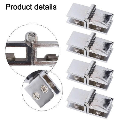 Top Notch Shower Glass Door Hinges 4 Piece Set 180 Degree Double Sided Clamp Fits 5 Millimeter To 8 Millimeter Glass, polished silver finish.