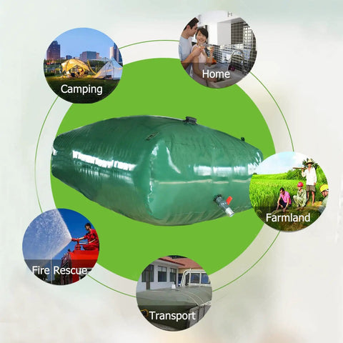 Collapsible Outdoor Water Storage Bag For Garden Farm And Livestock Use, Green PVC Water Bladder Tank showcasing versatility