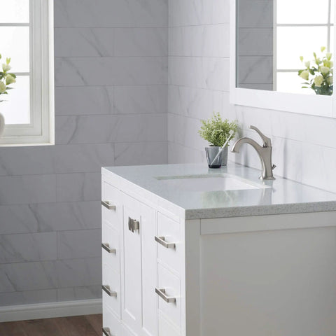 Modern bathroom vanity with Elavo 21 Inch Rectangular Undermount White Porcelain Bathroom Sink With Overflow installed.