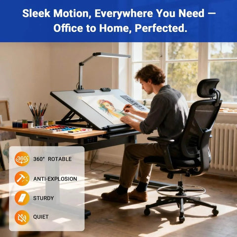Man using art desk with drafting chair featuring Extra Long Gas Lift Cylinder Tube For Bar Stool 17 To 27 Inches 10 Inch Stroke