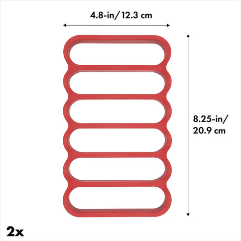 Two Pack Silicone Roasting Racks Red Elevate Your Food For Healthier Roasting With Open Air Design Let Air Circulate For Even Browning Drains Grease Into Pan Use Singly Or Stack For Extra Elevation, showing red silicone rack with dimensions 4.8x8.25 inches