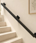 Dead Tight Six Foot Industrial Pipe Hand Rails For Indoor Stairs And Outdoor Decks Featuring Sleek Matte Black Finish with wall mount.