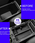 Comparison of messy vs. tidy center console with Subaru Crosstrek Center Console Organizer Tray Dual Layer Storage Box For 2024 2025 2026 Models Fits Impreza And Crosstrek Armrest Custom Fit Easy Access Car Organizer Keeps Odds And Ends Tidy