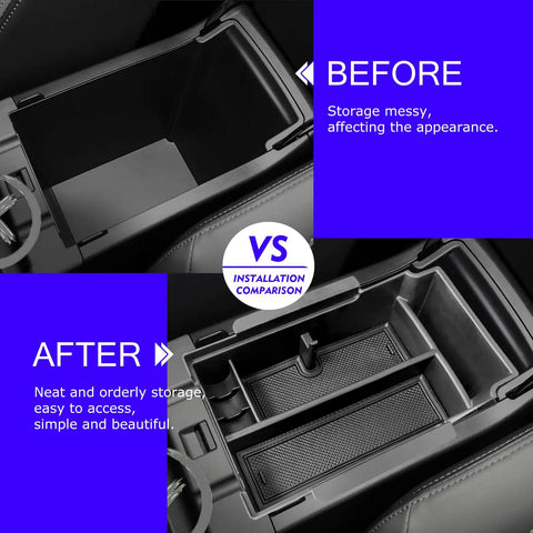 Comparison of messy vs. tidy center console with Subaru Crosstrek Center Console Organizer Tray Dual Layer Storage Box For 2024 2025 2026 Models Fits Impreza And Crosstrek Armrest Custom Fit Easy Access Car Organizer Keeps Odds And Ends Tidy