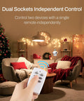 Living room with a hand holding remote for Dual Independent Socket Wireless Remote Outlet With 2 Switches, Space Saving Plug In Design