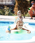 Child playing in pool with toy, clean water filtered by Garden Hose End Pre Filter For Pools Hot Tubs Spas Ponds Inflatable Pool Reduces Chlorine Taste Odors And Sediment Delivers Purer Water For Up To 8000 Gallons 2 Pack