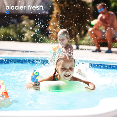 Child playing in pool with toy, clean water filtered by Garden Hose End Pre Filter For Pools Hot Tubs Spas Ponds Inflatable Pool Reduces Chlorine Taste Odors And Sediment Delivers Purer Water For Up To 8000 Gallons 2 Pack