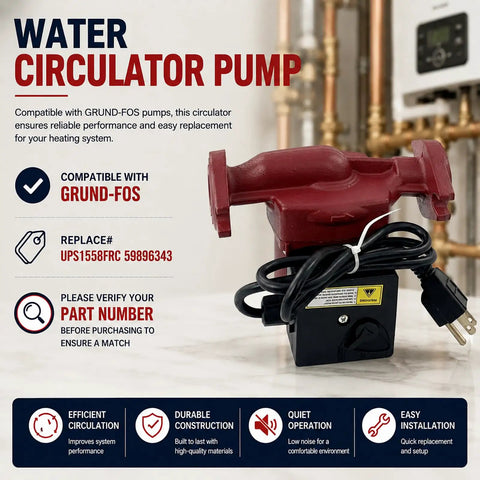 Reliable Replacement Water Circulator Pump For Baseboard Heat 115V Power Fractional Hp Motor runs slick with no sweat install, durable red cast iron.