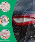 4 Pack Universal Disposable Car Covers Waterproof Plastic Car Cover For Outdoors Weather Protection Elastic Hem Fit For Sedans SUVs And Cars Size Large, showing elastic band on clear polyethylene material.