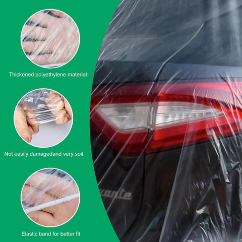 4 Pack Universal Disposable Car Covers Waterproof Plastic Car Cover For Outdoors Weather Protection Elastic Hem Fit For Sedans SUVs And Cars Size Large, showing elastic band on clear polyethylene material.