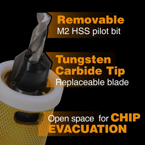 Close-up of Carbide Tipped Countersink Drill Bit showing removable M2 HSS pilot bit and tungsten carbide tip, highlighting features.