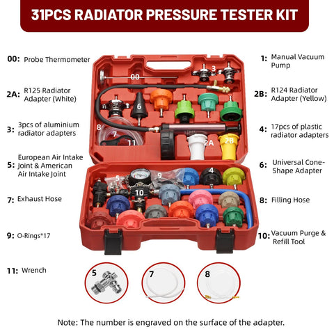Front view of 31-piece radiator pressure tester kit in a red plastic case with assorted adapters