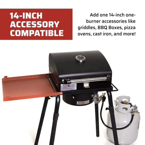 Pro 30 Single Burner Grab-and-Go Outdoor Stove with foldable side shelf and propane tank compatibility