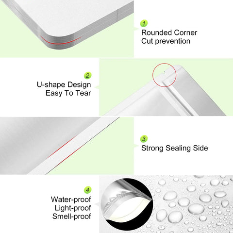 Image showing features of Complete 100 Pack Mylar Bags With 400cc Oxygen Absorbers For Long Term Food Storage, including rounded corners, U-shape design, strong sealing, and waterproof properties.