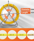 425 Ft Fiberglass Fish Tape One Quarter Inch Electrical Fishtape with yellow tape on steel wheel stand, 6mm diameter