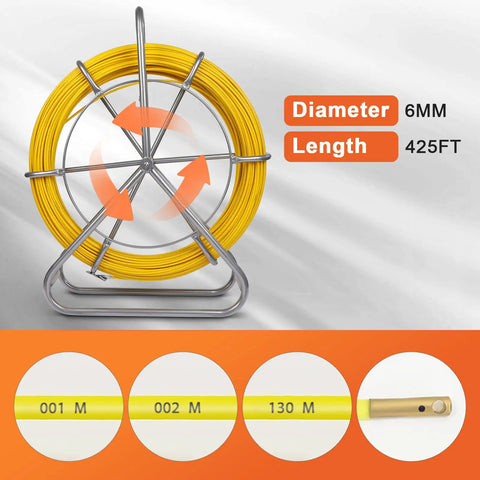 425 Ft Fiberglass Fish Tape One Quarter Inch Electrical Fishtape with yellow tape on steel wheel stand, 6mm diameter