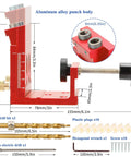 Pro Grade Pocket Hole Jig Kit With Metal Construction And Adjustable Drill Guides For 15 Degree Holes, dimensions and components shown.