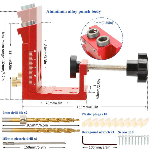 Pro Grade Pocket Hole Jig Kit With Metal Construction And Adjustable Drill Guides For 15 Degree Holes, dimensions and components shown.