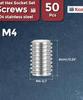 Solid 18 8 Stainless Steel Flat Head Hex Socket Caps Screws M4 X 6mm showing single screw on blue background with measurements.