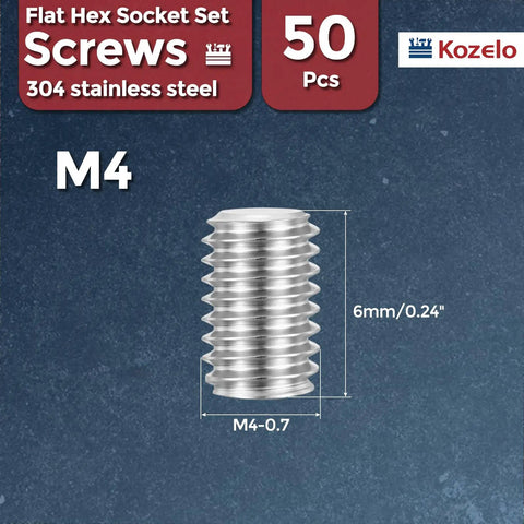Solid 18 8 Stainless Steel Flat Head Hex Socket Caps Screws M4 X 6mm showing single screw on blue background with measurements.