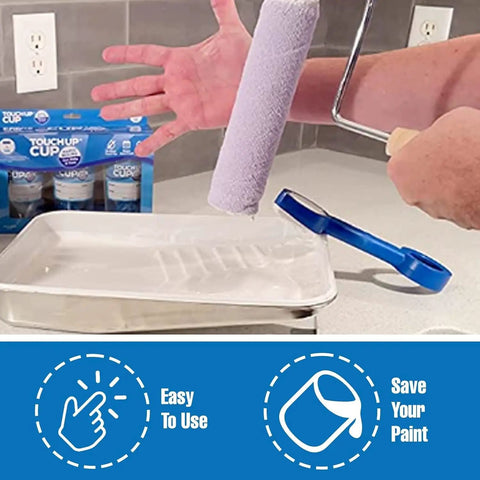 Person holding paint roller with 13 oz Leftover Paint Storage Containers With Lids Pack Of 3 in the background