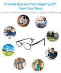Diagram showing 12 Pairs Anti Slip Eyeglasses Ear Grips Retainer, Premium Silicone Ear Hooks usage for sports, study, and work.
