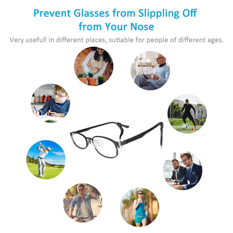 Diagram showing 12 Pairs Anti Slip Eyeglasses Ear Grips Retainer, Premium Silicone Ear Hooks usage for sports, study, and work.